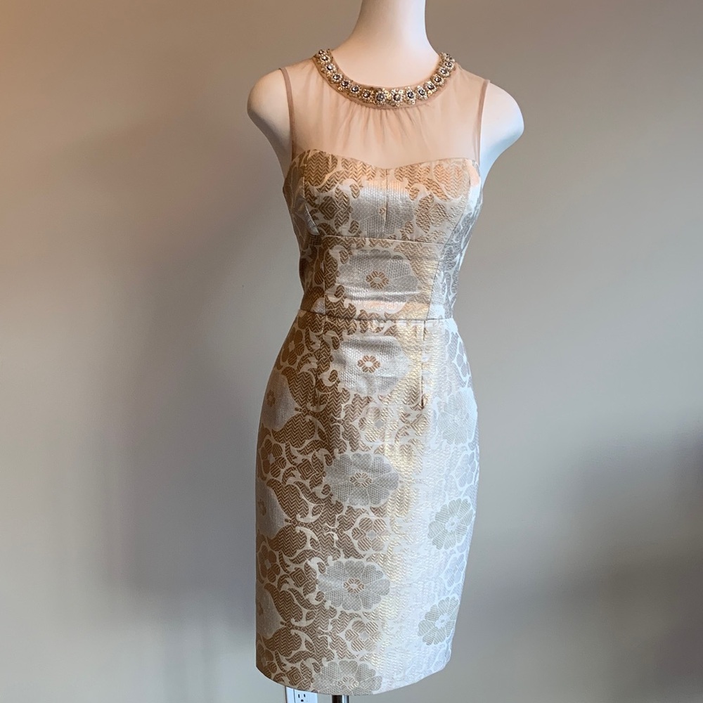 Maggy London Gold and Cream Embellished Sheath Mini Dress